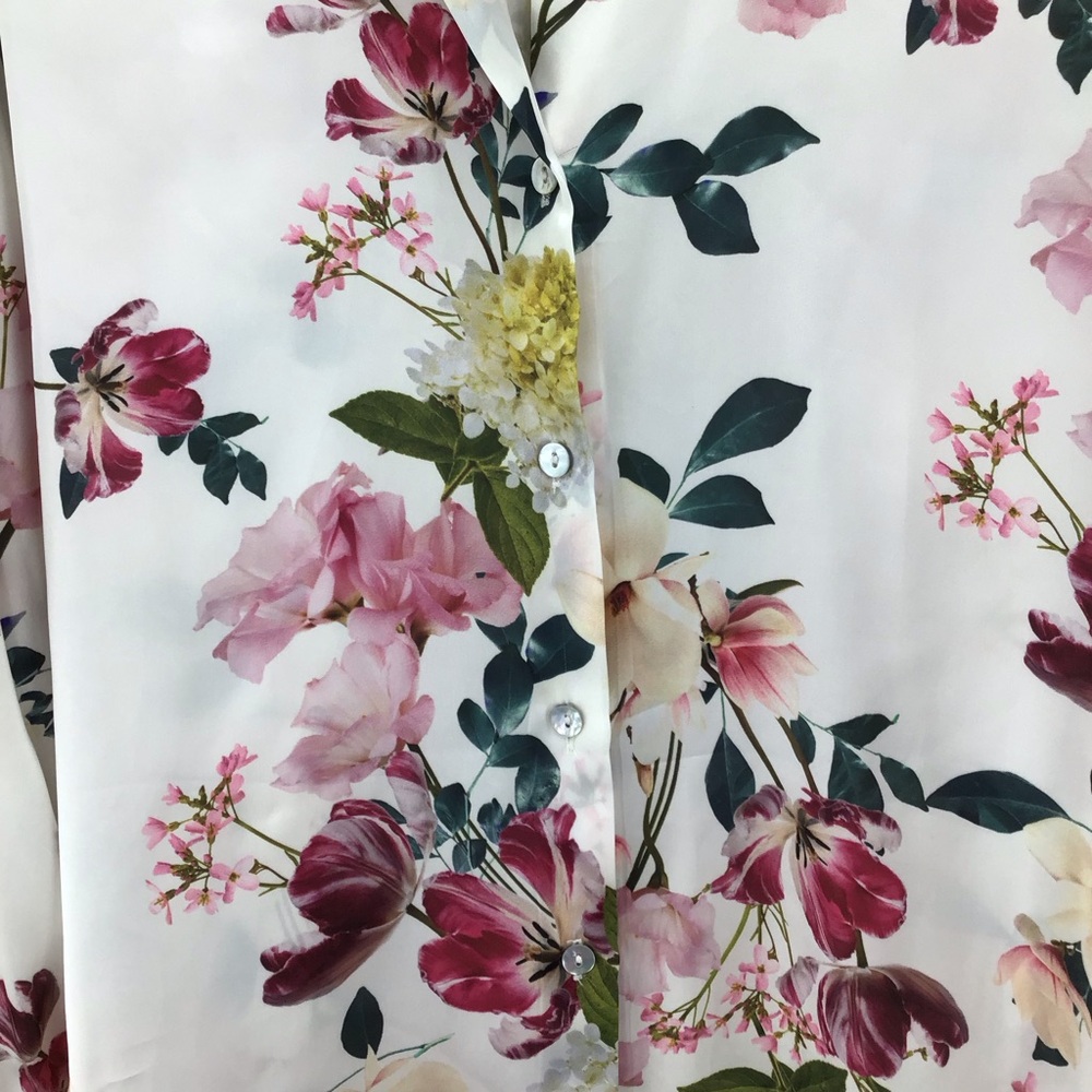 Zara Satin Floral Button Down Long Sleeve Blouse - Pink and Green - Picture 7 of 12